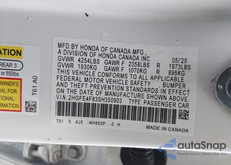 2025 Honda Civic Hybrid Sport/Sport Touring z USA, uszkodzony, nr VIN 2HGFE4F83SH350903